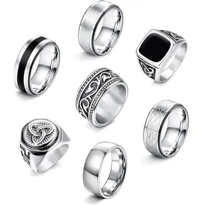 FLORIDECO Men's 7-Piece Stainless Steel Ring Set - Silver Matte Polished Celtic Knot & Gothic Biker Designs - Durable Waterproof - Perfect for Daily Wear & Gifts