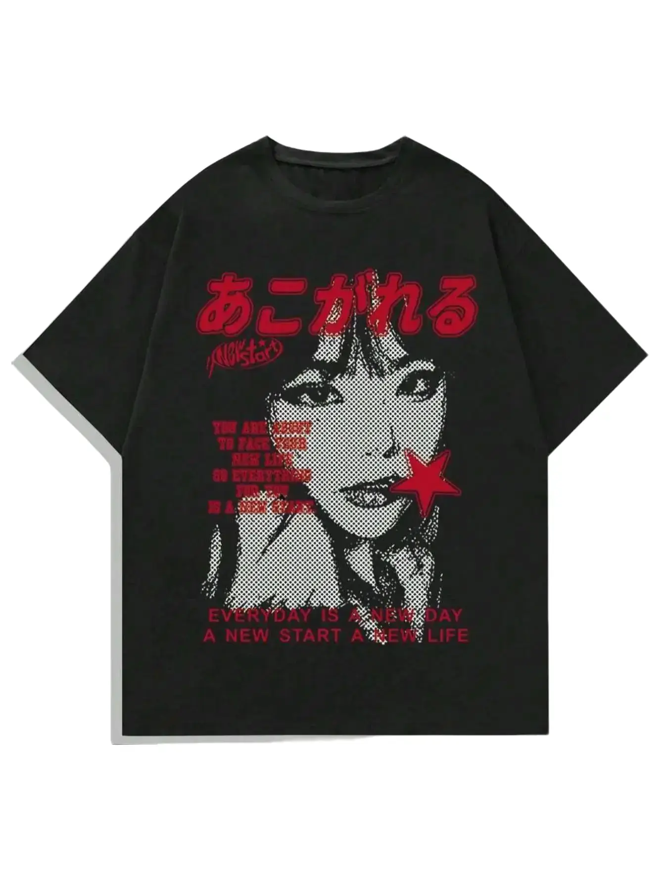 Vintage Acid Wash Black Japanese Kanji Red Star Girl Portrait Oversized Tee, Y2K Halftone Figure Letter Graphic Unisex Cotton T-Shirt, Distressed Loose Fit Grunge Streetwear Short Sleeve Top, Everyday Summer Casual Aesthetic Outfit For Men Women