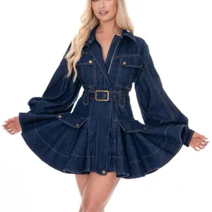 Denim Dress with Belted Design and Pockets for Women