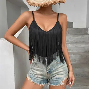 Women's Cowgirl Fringe Top Western Style V Neck Camisole Sleeveless Crop Top with Tassel Hem for Mother's Day Gift and Summer Beach Party