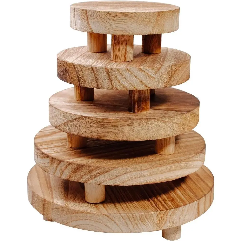 5 Pcs Wooden Risers for Display 5 Sizes Round Mini Riser Holder Wood Pedestal Stand for Display Rustic Riser for Decor Tiered Tray Decor Riser for Kitchen Home (Light Brown)