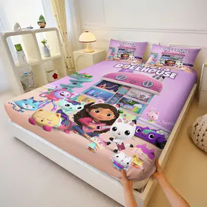 Cute Cartoon Print Gabby's Dollhouse Fitted Sheet Set, Includes One Bedspread and Two Pillowcases, Adorable Cat Girly Bedskirt, Anti-Slip, Durable, Easy Care, Bed Sheet Sets