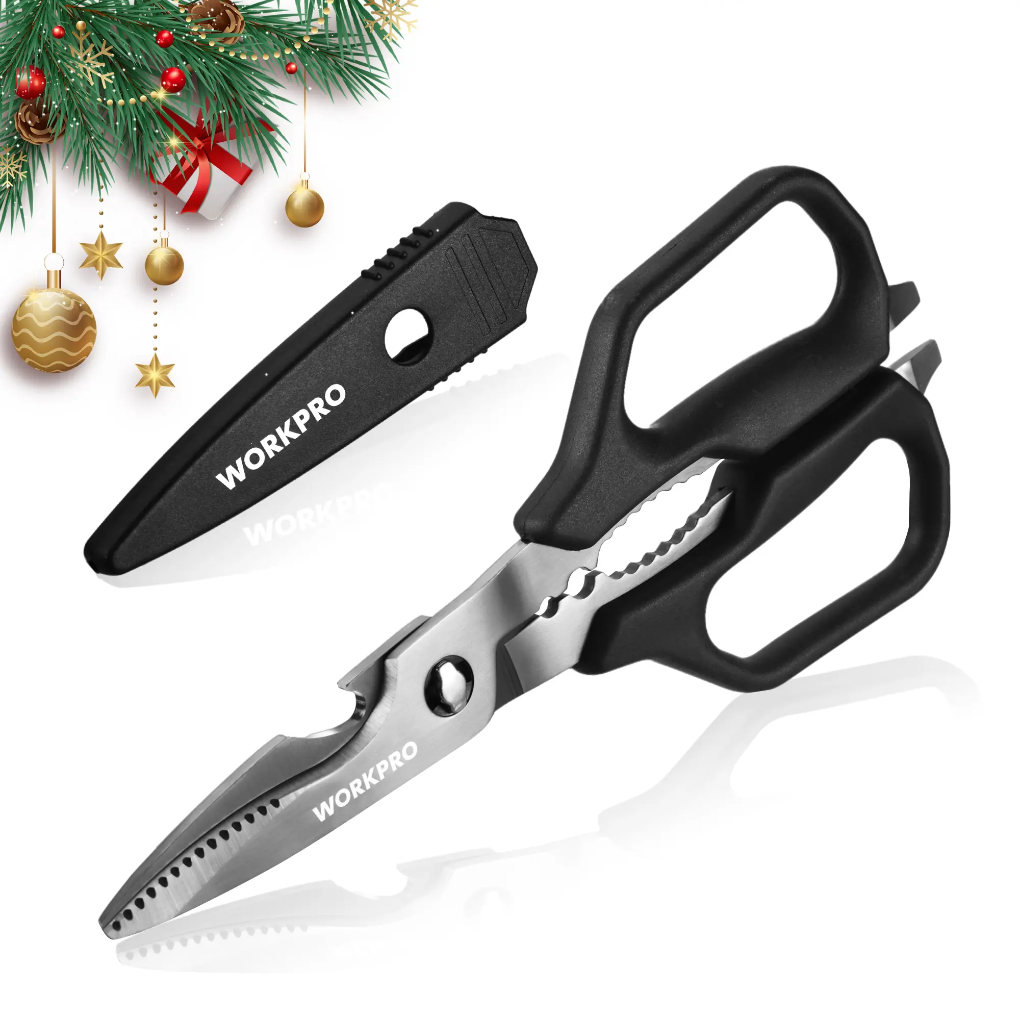 WORKPRO Kitchen Scissors, All Purpose Kitchen Shears with Detachable Stainless Steel Blades, Titanium Coated for Easy Cleaning, Heavy Duty for Meat, Fish, Nuts, Vegetables, Protective Cover Included