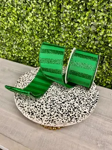 2.5 Inch By 10 Yard Emerald Green Horizontal Glitter Stripes Ribbon