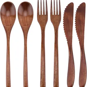 6Pcs Wooden Utensils Set | Reusable Wood Cutlery for Travel & Camping, Portable Tableware Set