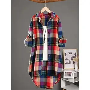 FXP[Plus Size] Plaid Print Button Front High Low Hem Shirt, Fall Clothing Women, Casual Long Sleeve Collared Top for Spring & Fall Can be used with a raincoat