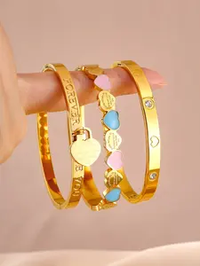 3 Piece Romantic Letter Forever Love You Heart Lock Stainless Steel Bangle Set, Matching Heart Bracelets, Cute Party Jewelry, Mother's Day Gift, Date Night Gift, High Quality Bracelet