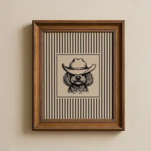 Western Cowboy Golden Doodle Dog Wall Art – Cool Dog Illustration with Striped Border, Western Statement Decor2 - (Unframe)