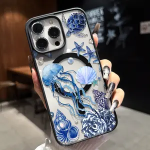 Blue Ocean Theme Phone Case with Turtle Jellyfish Shell Starfish Design Compatible with iPhone 17 16 15 14 13 12 Supports MagSafe Wireless Charging and Drop Protection