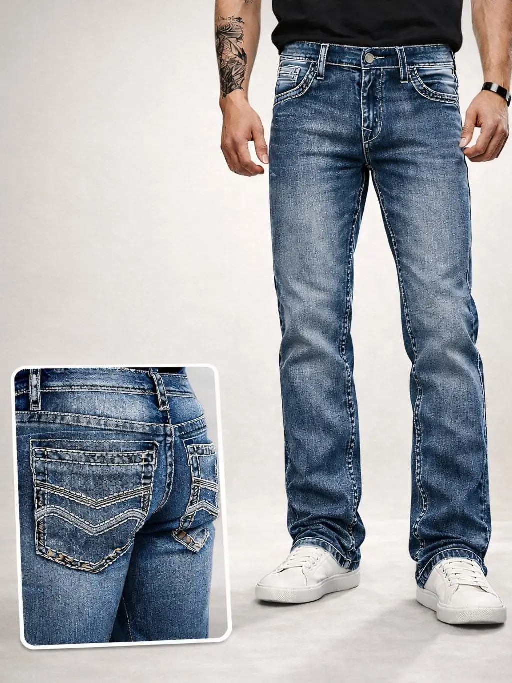 Men's Flex Stretch Denim Jeans -Straight Leg Regular Fit Streetwear Jean Embroidered Cotton Fabric Pants with Pocket for Work & Casual Wear
