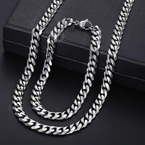 7MM Stainless Steel Curb Cuban Chain Necklace Bracelet Jewelry Set Silver Color Link for Female Male Valentine Gift