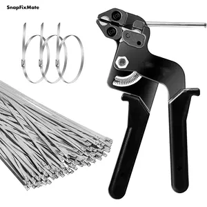 Snapfixmate Stainless Steel Cable Tie Gun with 100 Pcs 11.8 inch Metal Zip Ties Tool, Heavy Duty Self-locking Cable Tie Gun Kit for Fastening and Cutting Fence Exhaust Pipe Outdoor