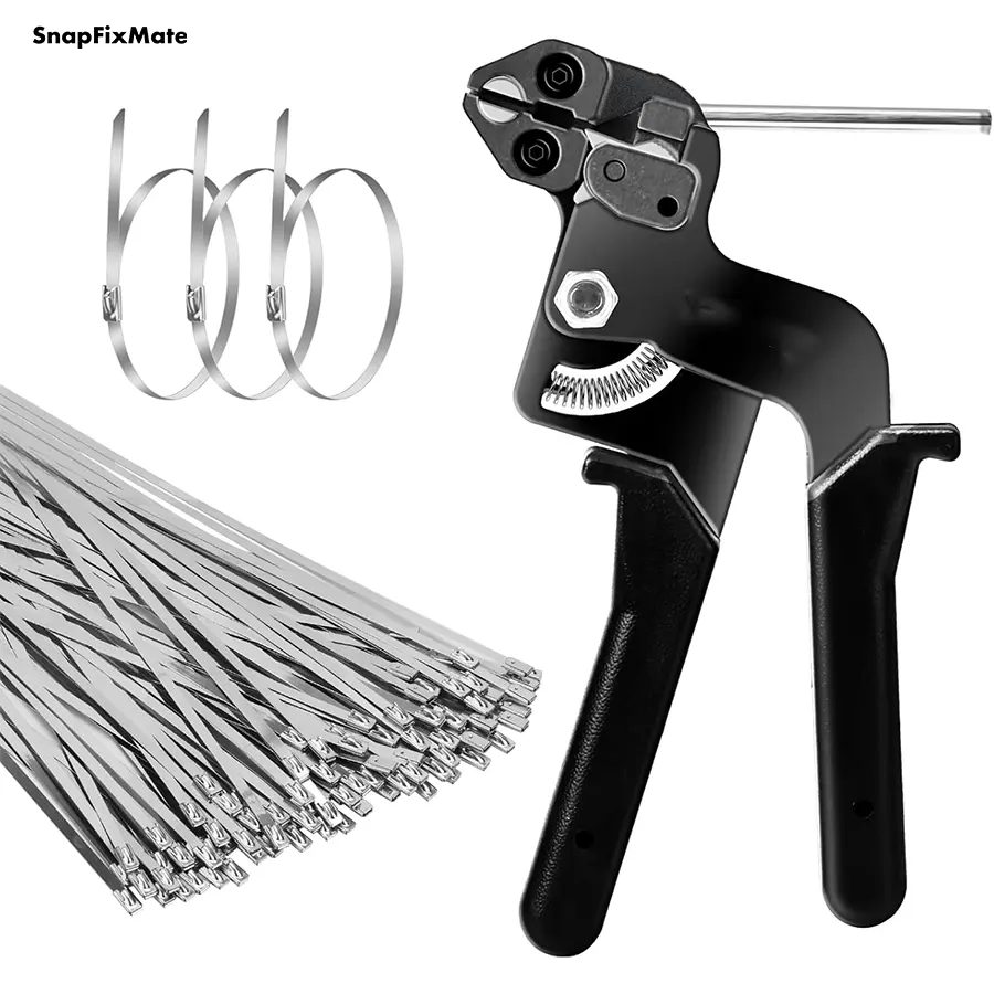 GJANSH Stainless Steel Cable Tie Gun with 100 Pcs 11.8 inch Metal Zip Ties Tool, Heavy Duty Self-locking Cable Tie Gun Kit for Fastening and Cutting Fence Exhaust Pipe Outdoor