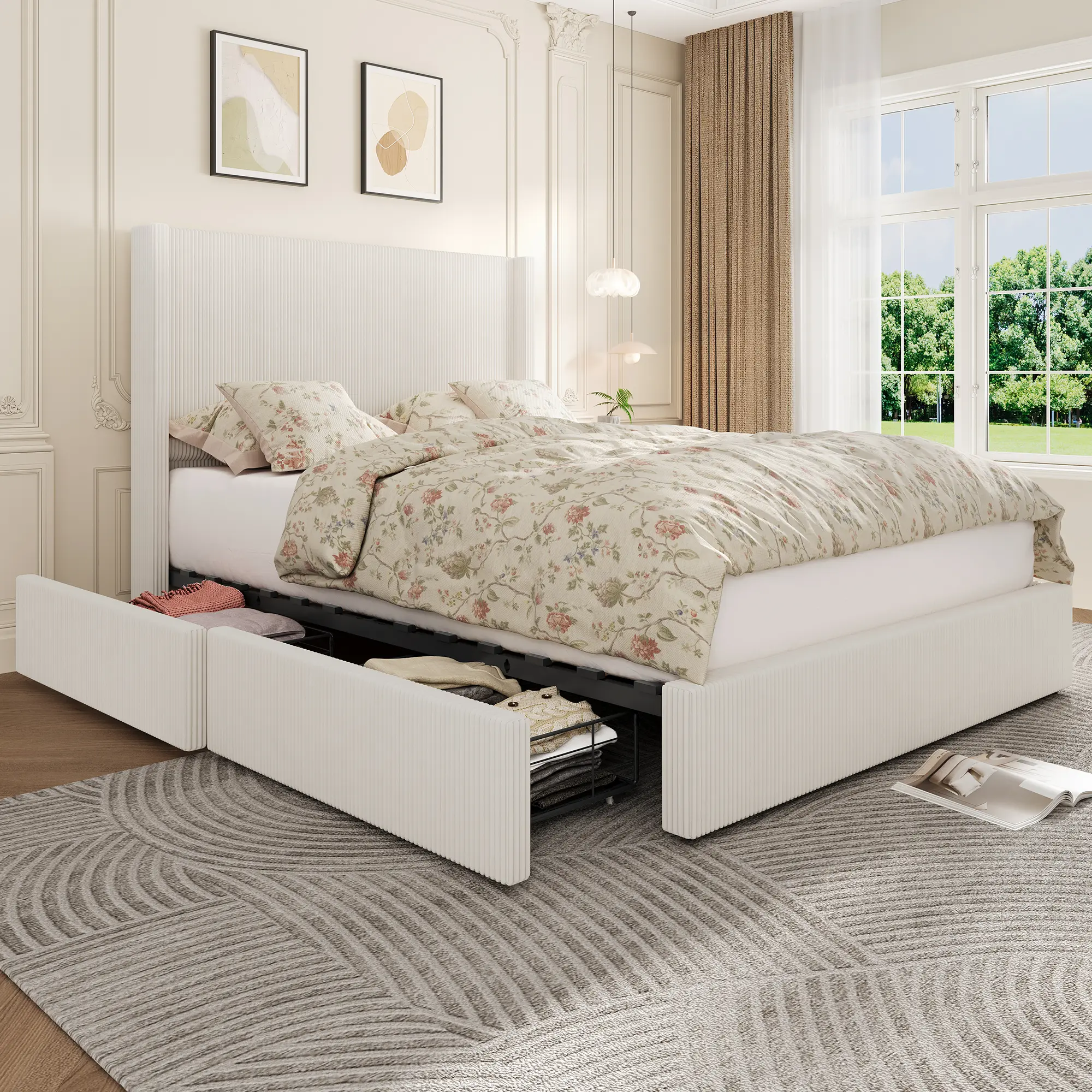 Modern Boho Upholstered Platform Bed Frame with 4 Storage Drawers – Cream Corduroy Wingback, Tufted Headboard & Footboard, Sturdy Wood Slats, Easy Assembly – King/Queen Size, Beige