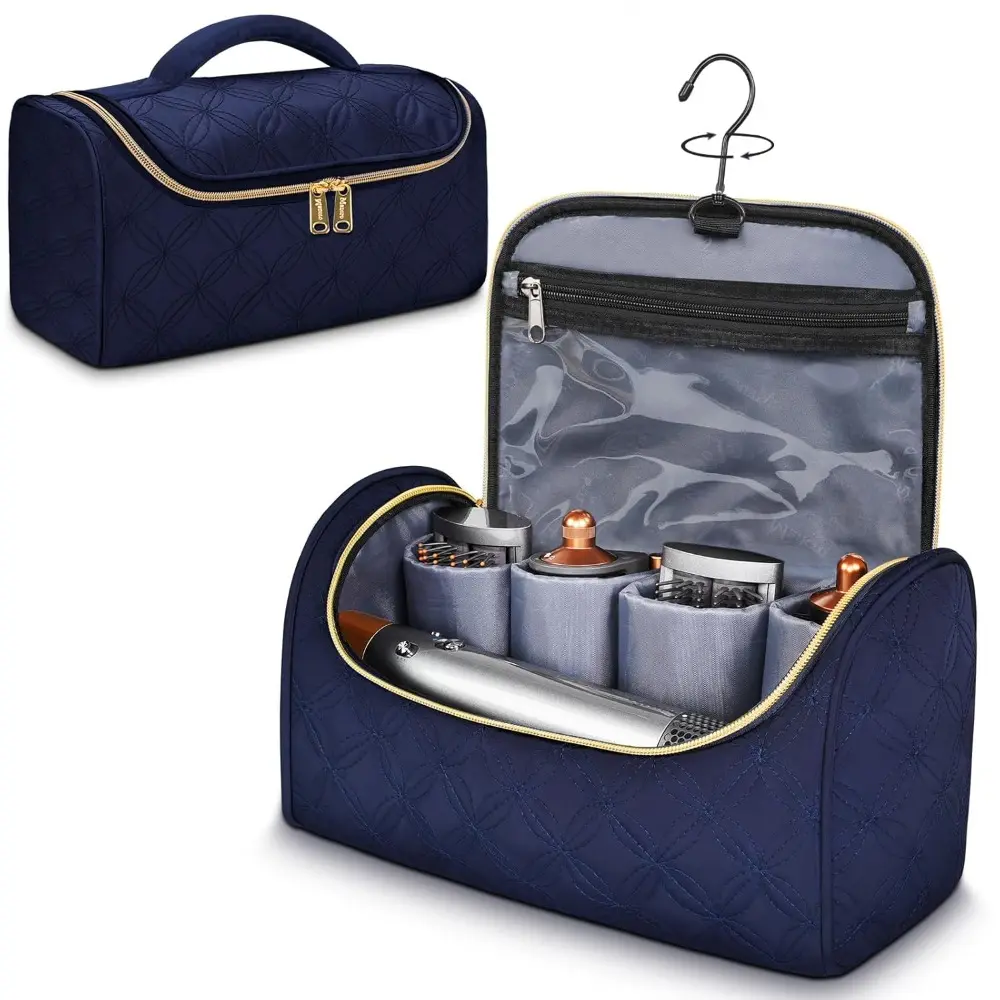 Padded Travel Case Compatible For Dyson Airwrap Complete Styler,Attachments, All Models, Long Barrel, Hair Curler Accessories, Portable Storage Bag with Metal Hanging Hook, Blue