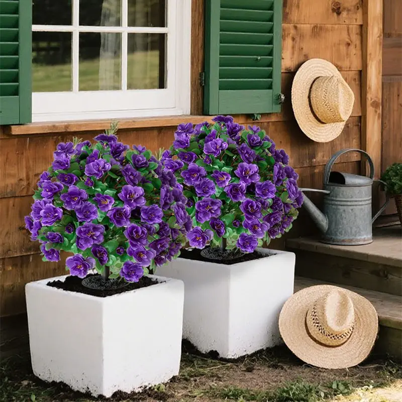 Artificial camellia flower display, Artificial flower decorations, Spring azaleas for outdoor/indoor decoration, purple flowers, firmly inserted, suitable for lawns, gardens, weddings, green plants