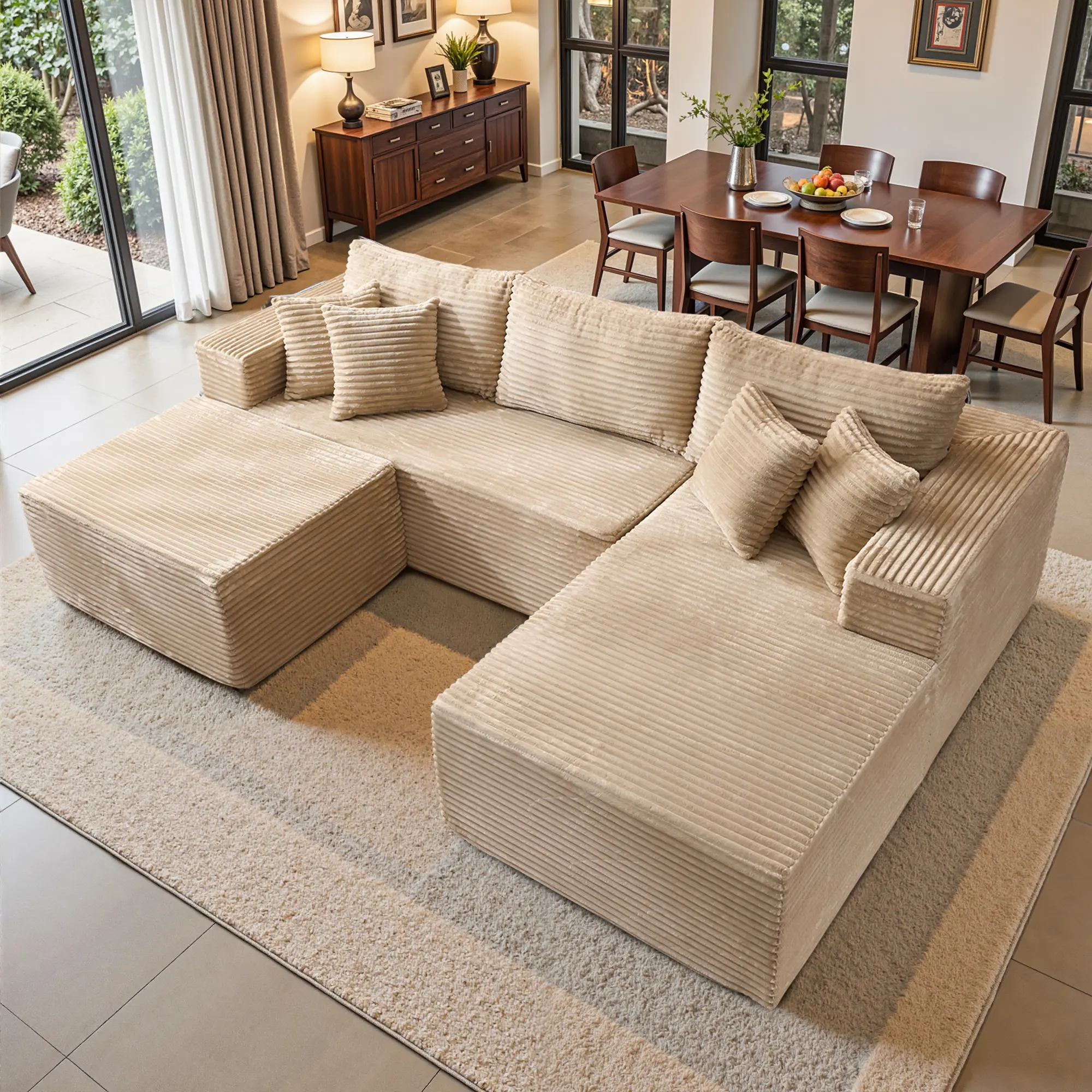 106" Beige U-Shaped with Ottoman, Right Chaise 1