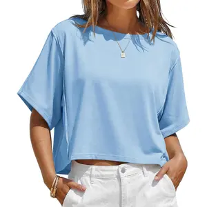 Fisoew Sports 2026 Womens Oversized Crop Tops Summer Short Sleeve Crewneck T Shirts Casual Loose Basic Tee Workout Shirts