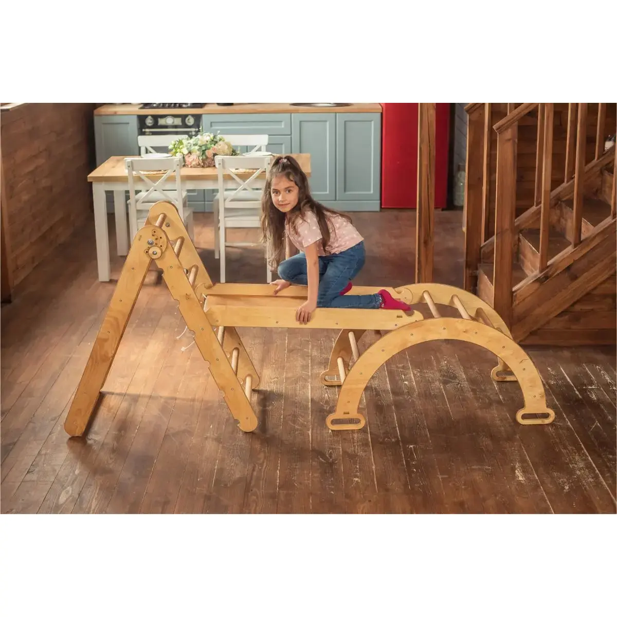 3in1 Montessori Climbing Set: Triangle Ladder + Wooden Arch + Slide Board – Beige