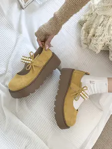 Women's Pearl Buckle Round Toe Wedge Shoes, Fashion Elegant Thick Sole Single Shoe for Wedding Party Beach Home Outing