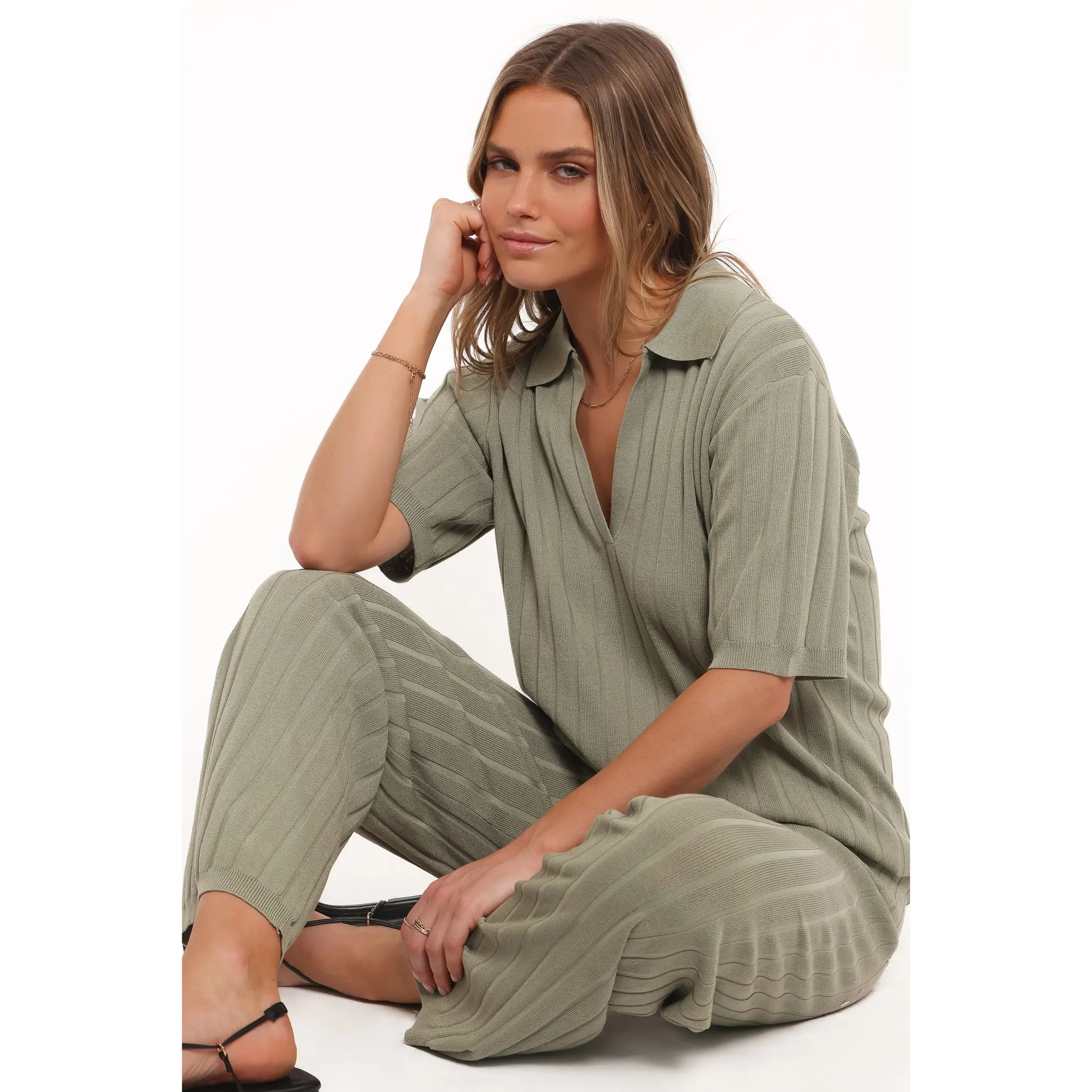 Yulissa Wide Ribbed Pant Set - Khaki Green