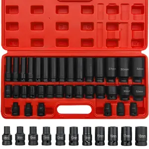 35PCS 1/2" Drive Deep Impact Socket Set - 6 Point Sockets with Spindle, 8-32MM for Garage, Workshop, Car, Auto, Truck, Repair & Hand Tools