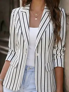 Women's and Vertical Striped Roll-Up Sleeve Blazer, 2026 Spring Summer New Arrival, Elegant Commuter Casual Small Suit