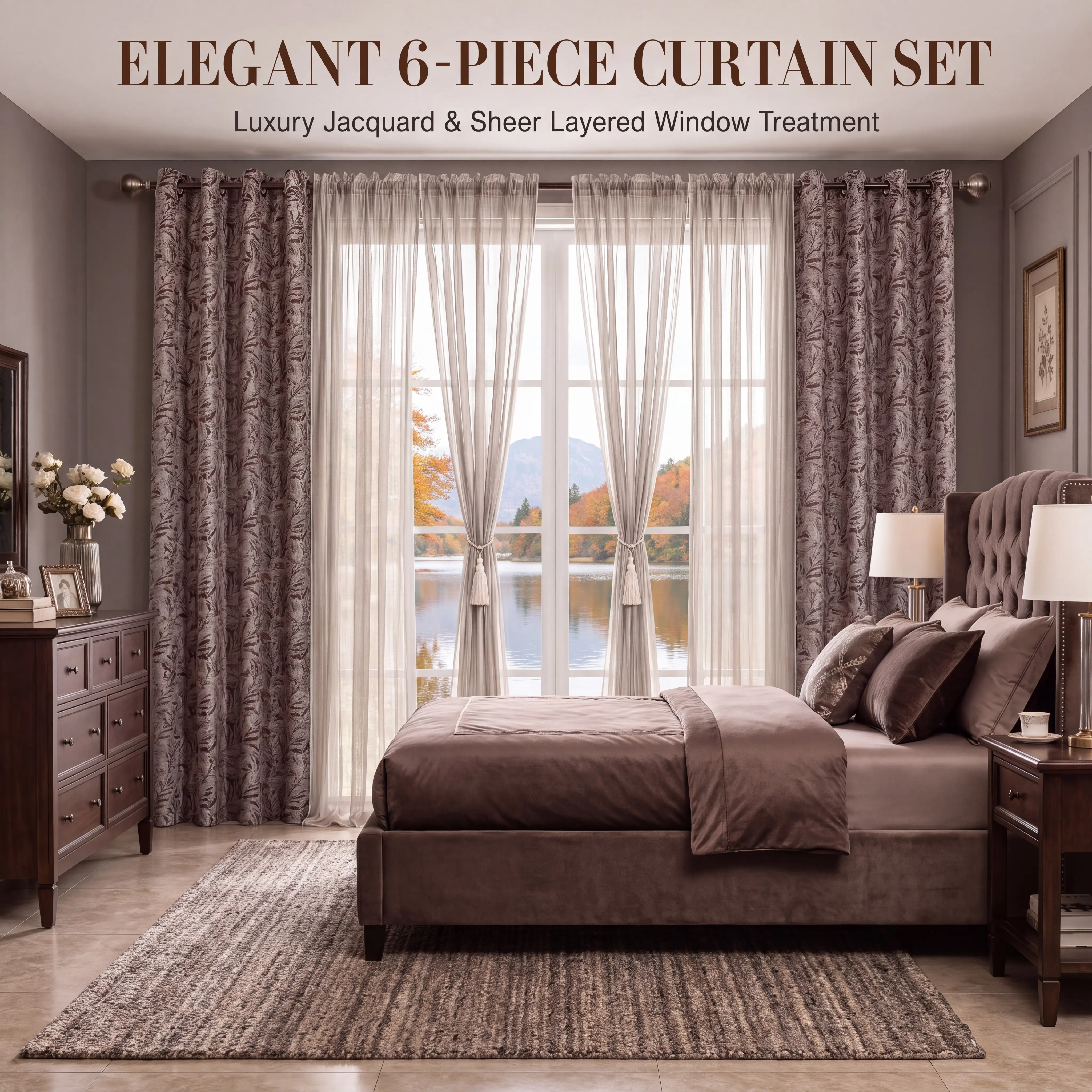 Lumina 6-Panel Curtain Combo, 2 Leaf Jacquard + 4 Embroidered Hem Dolly Voile Sheers, Boho Tropical Light Filtering Privacy for Bedroom, TH12 L12