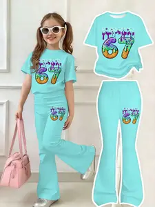 Girls' Bow Set, Cute Short Sleeve T-Shirt + Elastic Bell Pants, Outdoor Wear, Breathable, Ages 3-12, Printed Design