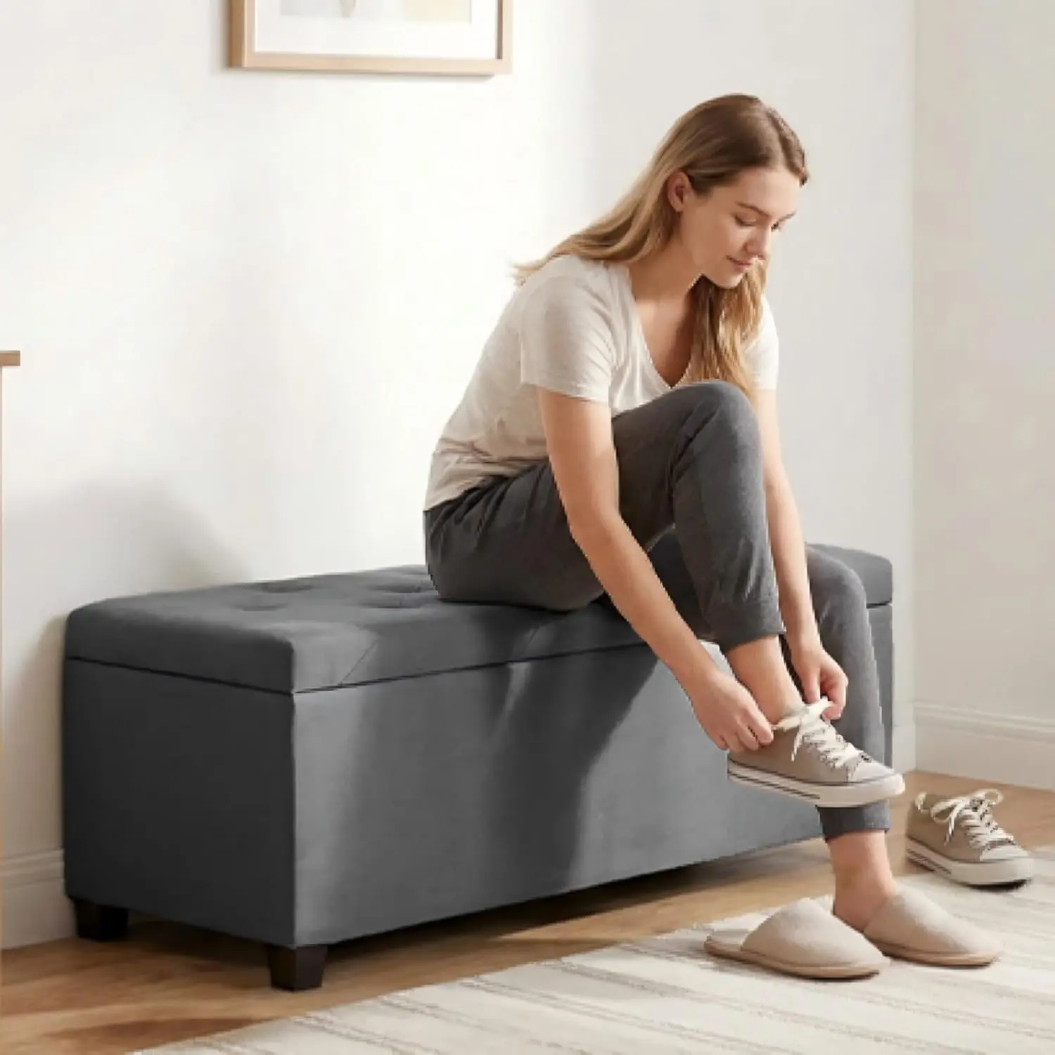 43" Large Storage Ottoman Bench – 46 Gal Capacity, Sturdy Up to 250 lbs, Upholstered Storage Chest for Living Room, Bedroom, Entryway (Blue/Dark Gray/Light Gray)