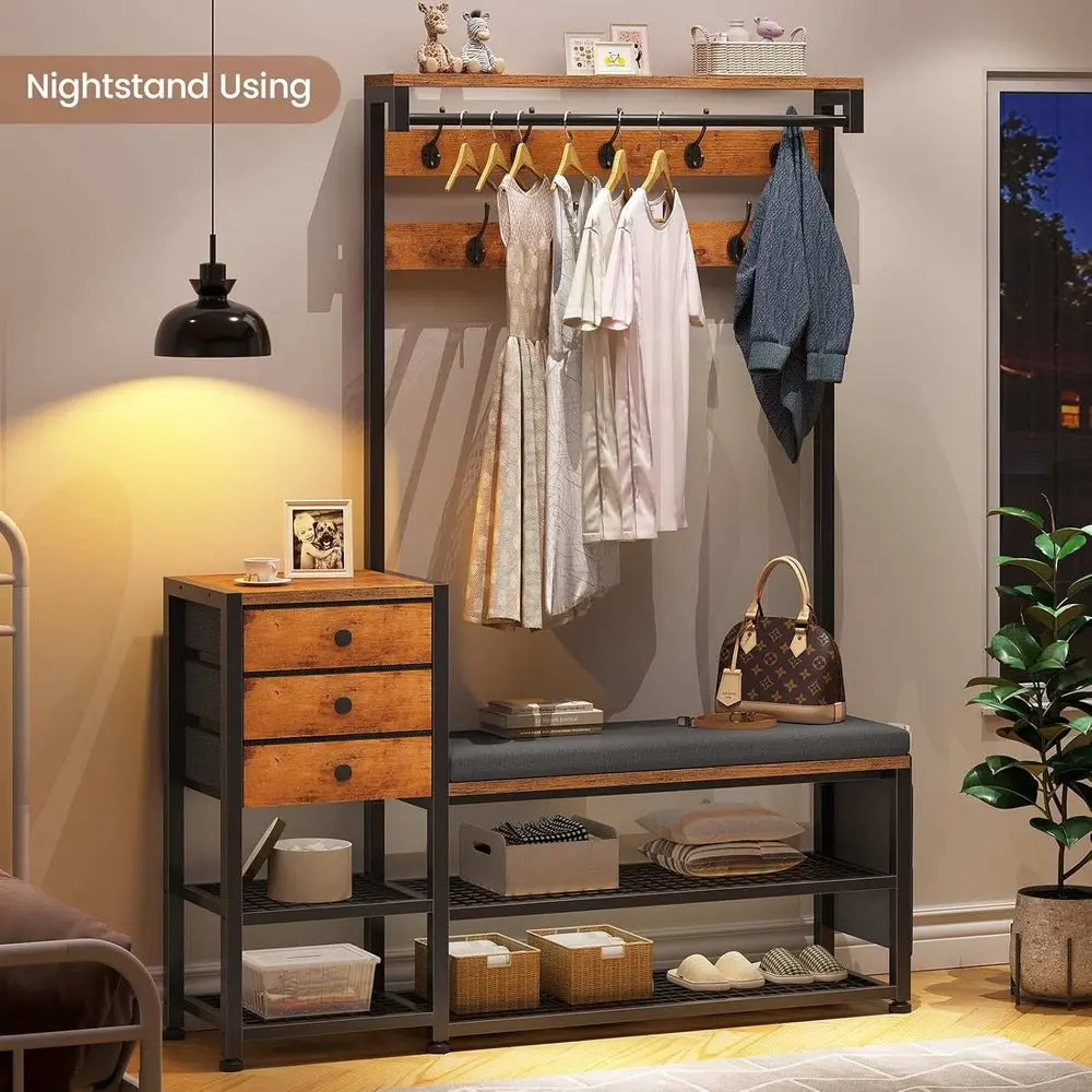 [SummerSale] Sikaic 5-in-1 Entryway Hall Tree with Bench and Shoe Storage, Modern Coat Rack with Soft Cushion, Storage Bag and 3 Fabric Drawers Furniture Living Room Bedroom Wooden Coat Rack Coat Racks Organiser, Home Furniture, Dorm Essentials