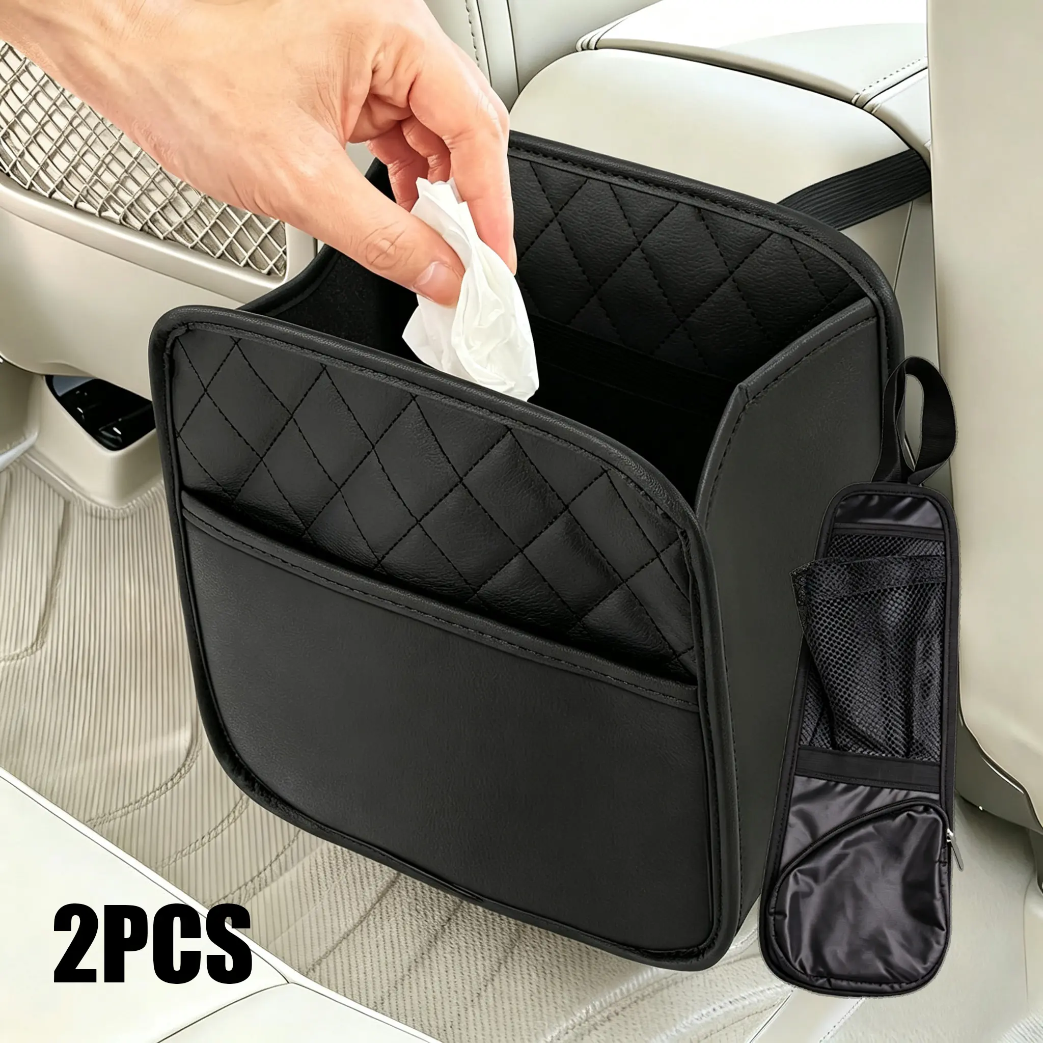 2-Pack Clip-On Waterproof PU Leather Car Seat Back Hanging Bags, Multi-Pocket Space-Saving Organizers for Car Interior Documents, Bottles & Kids Travel Use