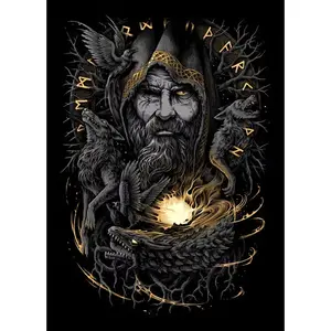 Odin Viking Mythology Poster. Odin From Norse Mythology, The Futhark Runes, His Wolves Geri & Freki, And His Ravens Huginn And Muninn. Dragon Nidhoggr & Yggdrasil. Poster Gift, Wall Art Posters. Decor Ornaments