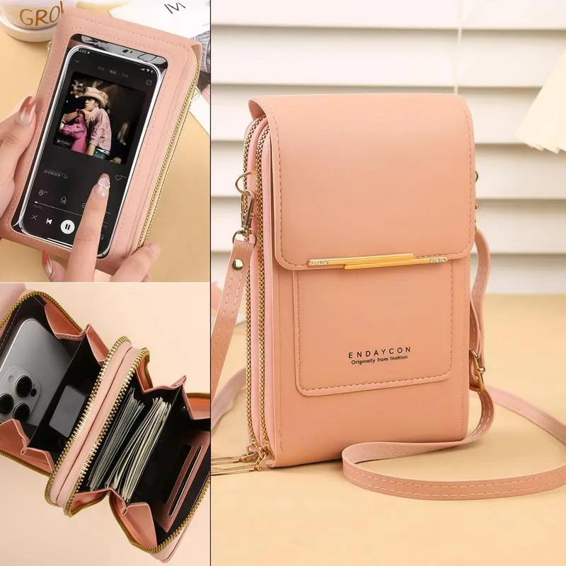 Women's Crossbody Phone Wallet Purse - Sleek PU Leather Multi-Compartment Bag with Touch-Friendly Window, Card Slots, Small Lightweight Travel Organizer, Chic Crossbody Bag, Nylon, Zip, Touch-View, Casual, Zipper, Cute, Metal, Elegant, Fashion Crossbody H