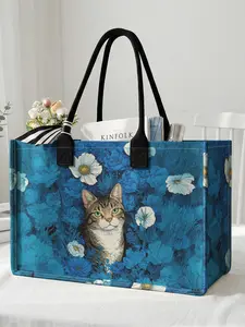 1 piece of cat and blue flower 2D printed large capacity storage bag, extra large storage bag, sturdy handle, space-saving multi-purpose, Fashionable Shopping Bag, Durable Shopping Totes, suitable for going to school, traveling, shopping, Reusable Bags