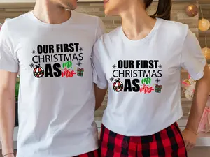 Our First Christmas As MR And MRS Shirts, Matching Couples Christmas T-Shirt, New Married X-mas Gift Tee, Wife Husband Holiday Party Tees, Christmas Wedding