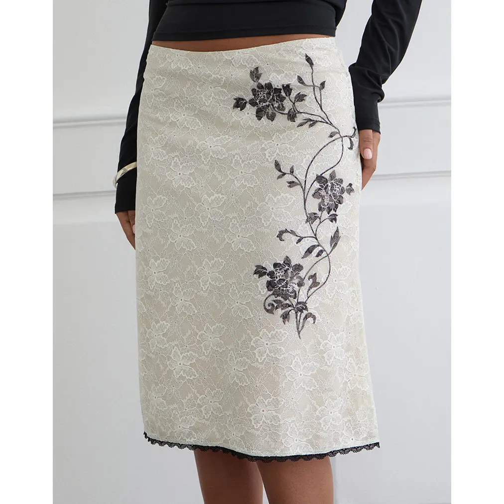 Motelrocks Laykha Women's Low-Rise Midi Skirt, Ivory Lace with Floral Vine Print and Contrast Lace Hem, Bottom, Elegant