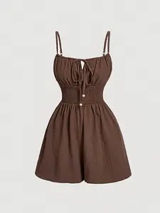 Women's Casual Sleeveless Fitted Romper with Front Tie and Elastic Waist, Stylish All-In-One Jumpsuit for Summer, Trendy Fashion for Ladies