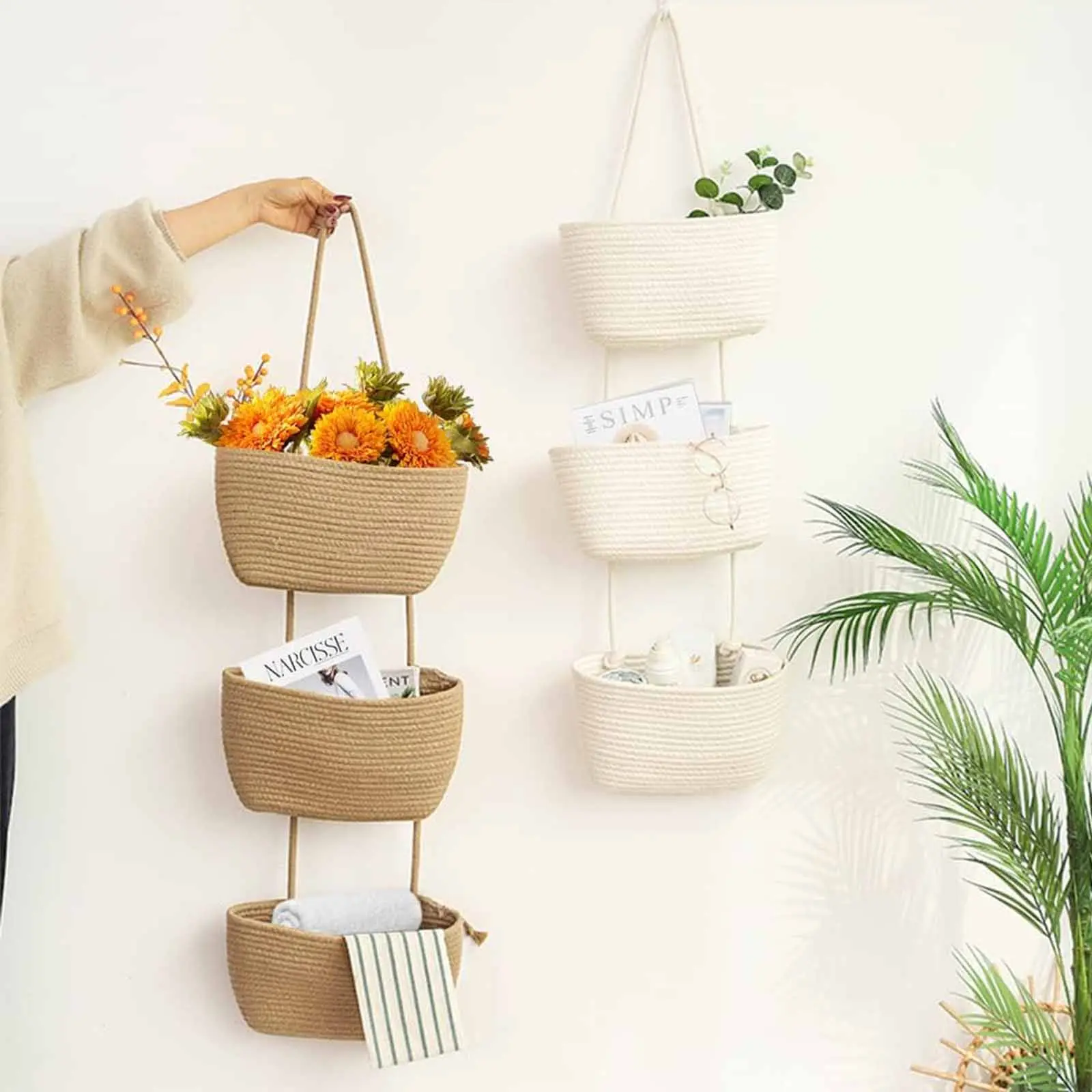 Boho Woven 4-Tier Hanging Jute-Cotton Rope Organizer with Detachable Bins - Over-the-Door, Wall-Mountable, Folds Flat, Minimalist Decor for Nursery Room Decor, Indoor Recreation Storage (14.4x3.5x7in, 1.75in Detachable Design)