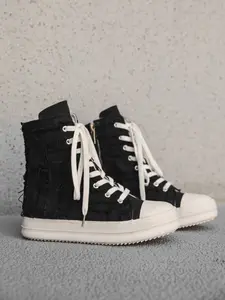 Men's Black - White Distressed High - top Canvas Shoes Sneaker, Street Retro Style, Distressed Canvas - spliced Material, Distressed & Eye - catching, Comfortable on Feet, Ideal for Daily Outfits & Street Outings