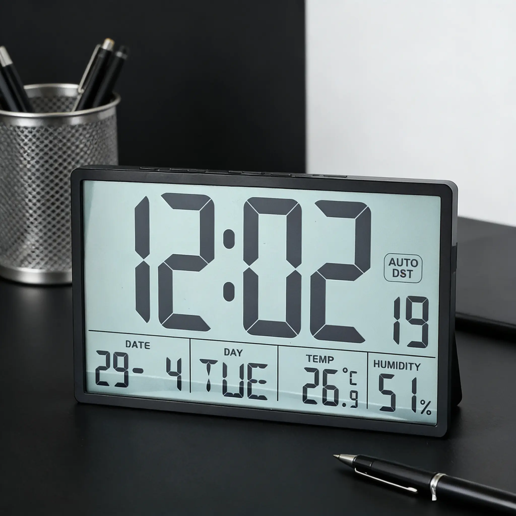 8-in Large Display Plastic LED Digital Wall Clock - Jumbo Visible LCD Numbers, Automatic DST Adjustment, Temperature & Date Display, Battery-Powered Metal Indoor Decor for Home/Office (Black/White), Rectangle, Led Digital Clock, Indoors