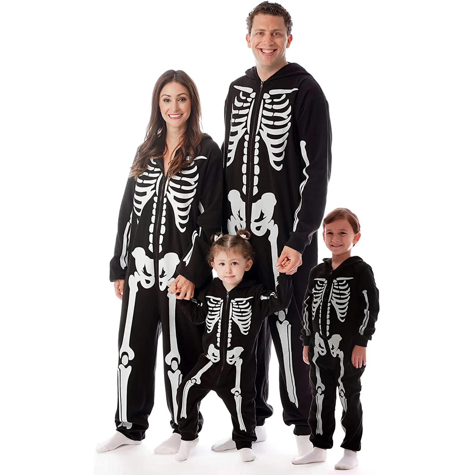 Women's Casual Polyester Halloween Matching Family Skeleton Hooded Zipper Jumpsuit Sleepwear Clothes, Festive Costume PJS Sets, Style