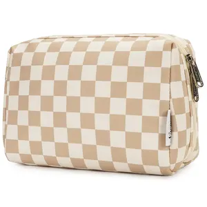 Checkered Makeup Bag Travel Cosmetic Bag Organizer Toiletry Bag Make Up Bags with Compartments for Women Girls (Large, Light Checkerboard)