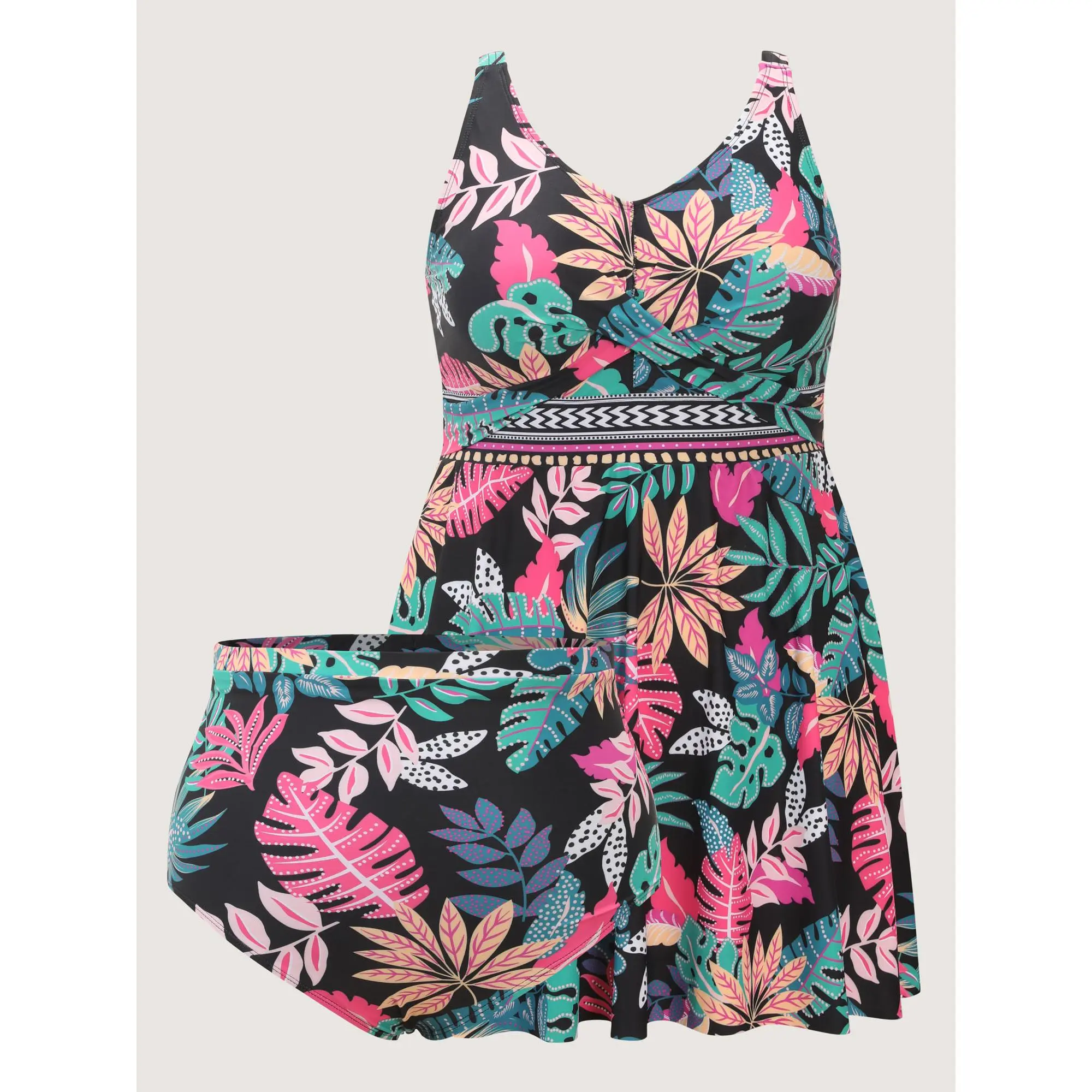 BloomChic Women's Plus Size Tropical Tunic Swim Dress with Bikini Shorts, V-Neck Bodycon Swimsuit with Pockets, Removable Cups & UPF 50 Sun Protection, Polyester, Beach Wear, Full, Bodycon Cut, 22-24/3X, Aloha Style, Allover Print Style, Cold Wash, Machin
