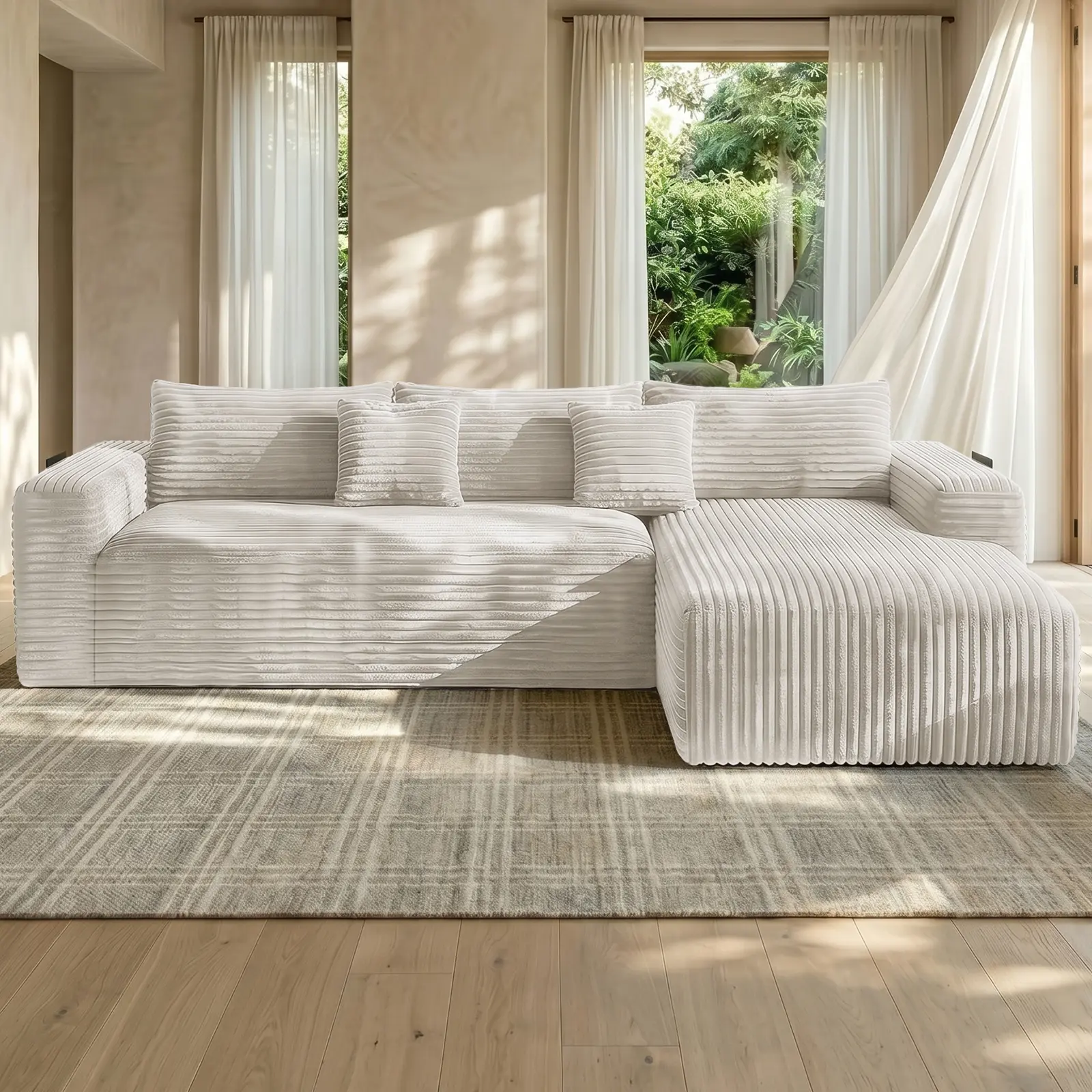 【Summerfinds】Joylsle  Black/Gray/Beige/Khaki 103“ Modern Corduroy Modular Sectional Sofa, Flexible L-Shaped Couch Convertible to Daybed for Movie Night, 2 Packages, Includes 1 Reversible Chaise & 2 Accent Pillows, Dark Blue