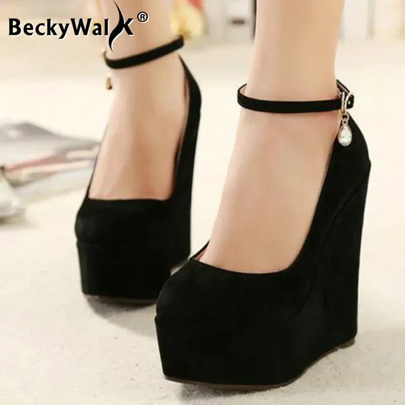 BeckyWalk Women's Concise Flock Upper Platform Pumps, Round Toe 15cm Wedge High Heels with Ankle Strap Buckle for Party & Wedding, Custom, Solid, 5-7Cm, Rubber