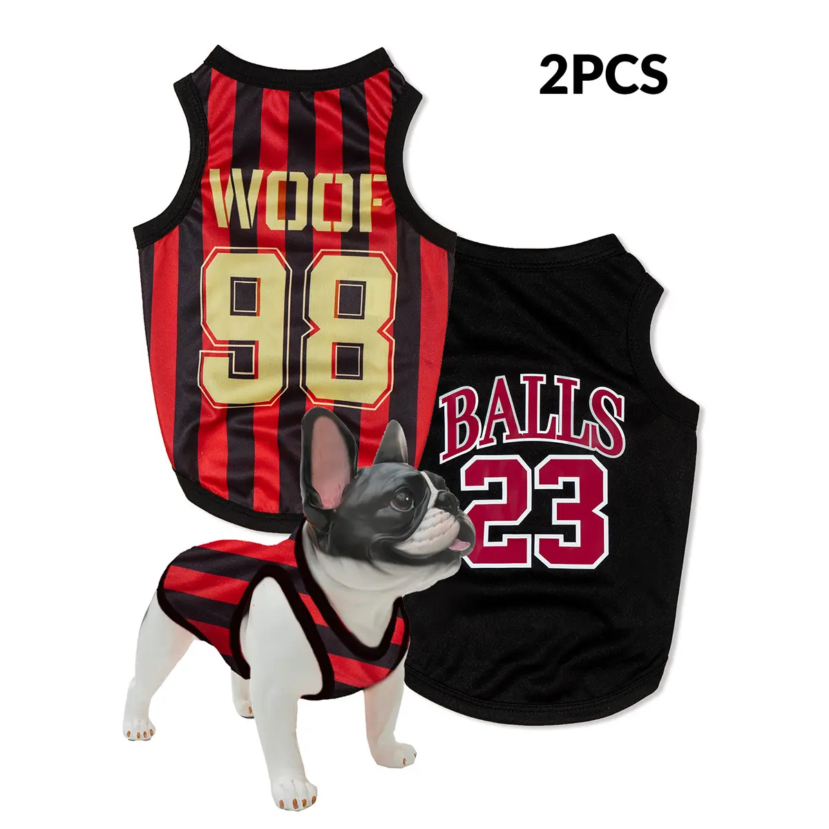 2pcs Pet Tank Tops for Dogs & Cats, "woof 98" Striped & "balls 23" Print Vests, Breathable Shirts for All Seasons, Small Pets Apparel, Puppy Clothes