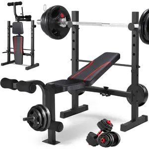 Standard Weight Bench Set with Squat Rack, 600LBS Adjustable Bench Press Set with Leg Extension and Leg Curl, Foldable Flat Incline Decline Workout Bench for Home Gym Full Body Training