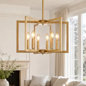 ARCH Modern Geometric 6-Light Chandelier Gold Iron Pendant Light Fixture for Living Room Dining Room Kitchen Hallway Entryway Adjustable Hanging Length 22 Inch Wide 55.5 Inch Height Bulb Not Included, Gold Color Options, Iron Material