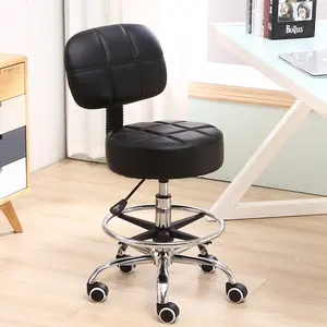KKTONER Swivel Round Rolling Stool PU Leather with Adjustable Foot Rest Height Adjustable Task Work Drafting Chair with Back (Black)